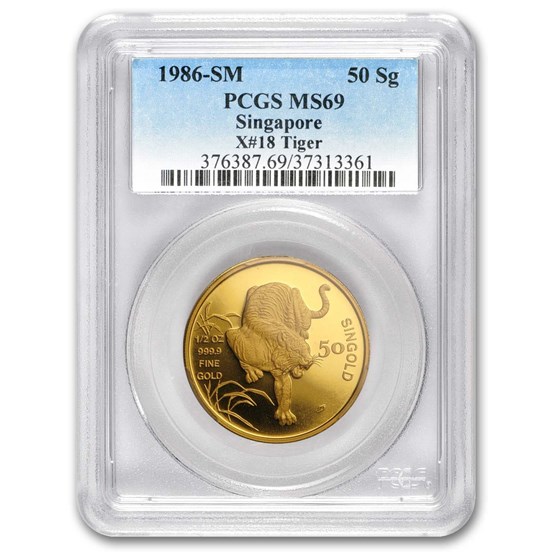 1986 Singapore 1/2 oz Gold 50 Singold Tiger MS-69 PCGS 1986 Singapore 1/2 oz Gold 50 Singold Tiger MS-69 PCGS